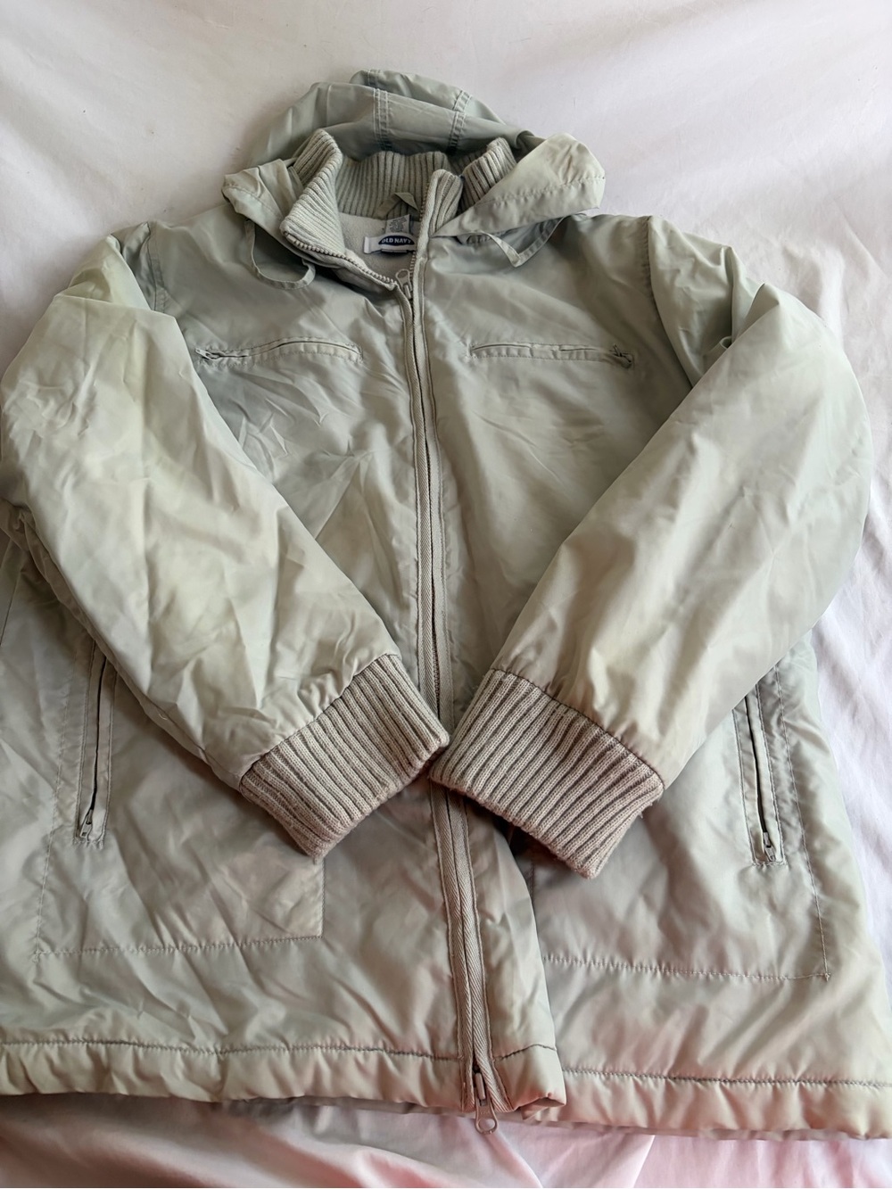 Old Navy Neutral Beige Hooded Zip Jacket Ribbed Knit Y2K Size L